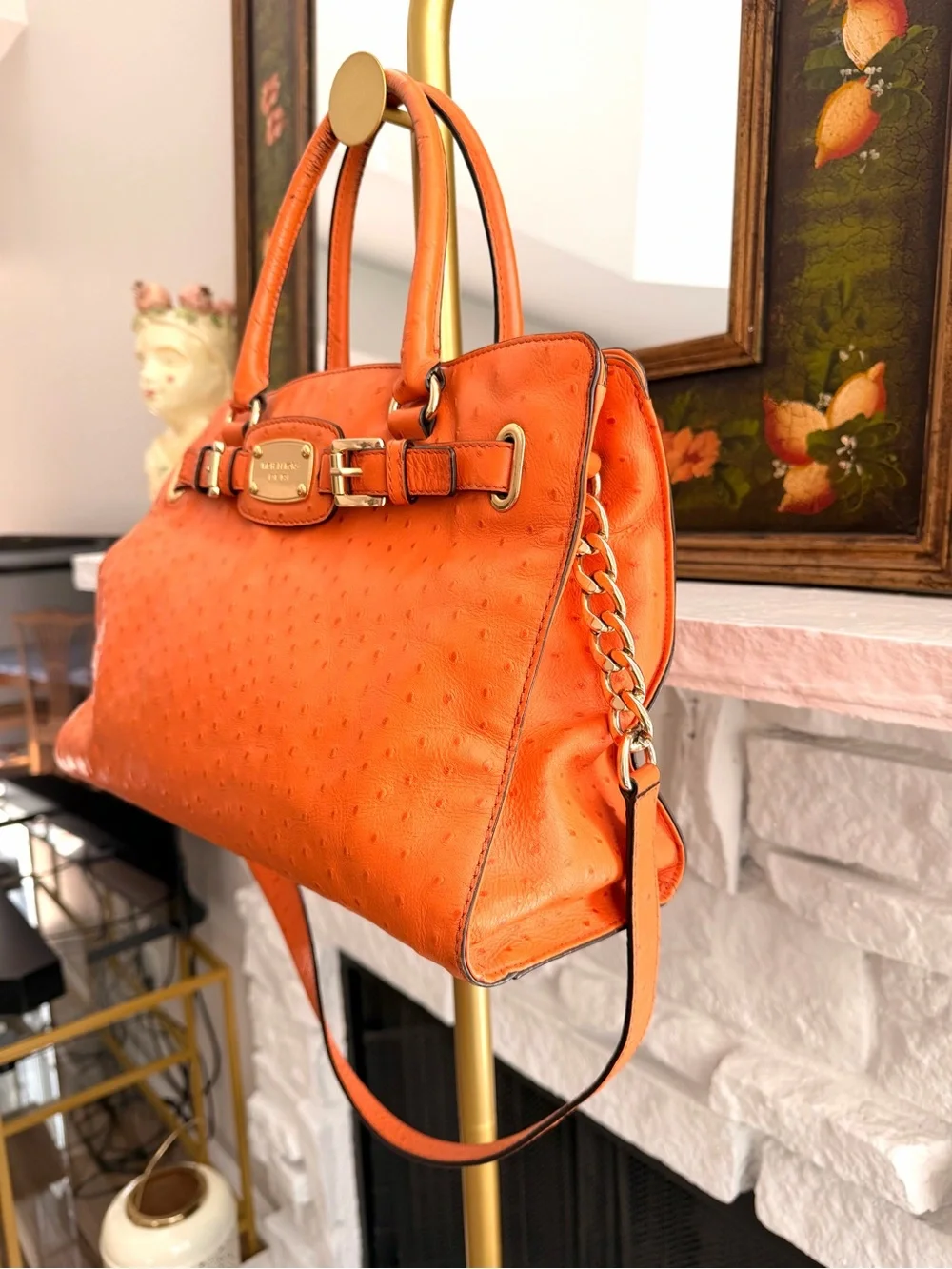 Michael Kors Hamilton Orange Ostrich Embossed Leather Satchel Shoulder Bag